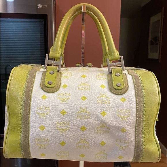 MCM Lime Green & White Visetos Boston Bag, EUC - Picture 2 of 16